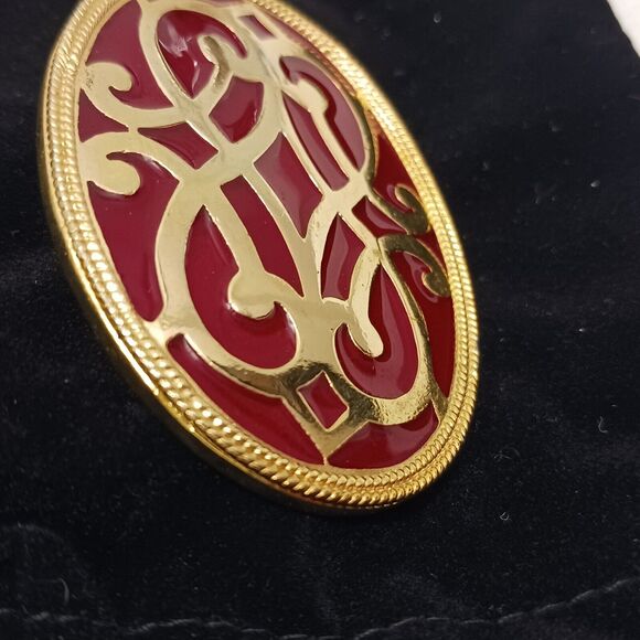 Vntg Celtic Brooch 3" RED Coat Pin Oval Metal Enamel Milgrain Accent Gold Estate - Picture 14 of 16